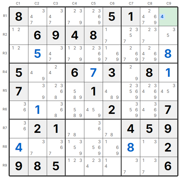 Contoh Naked Single - R1C9 hanya memiliki kandidat 4